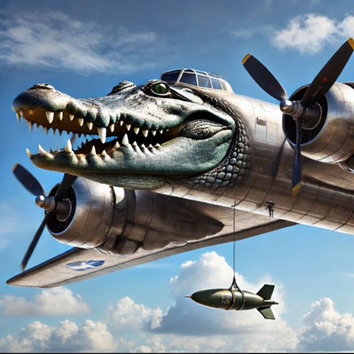 Итальянский мем Bombardiro Crocodilo Военизированный крокодил, слитый с истребителем